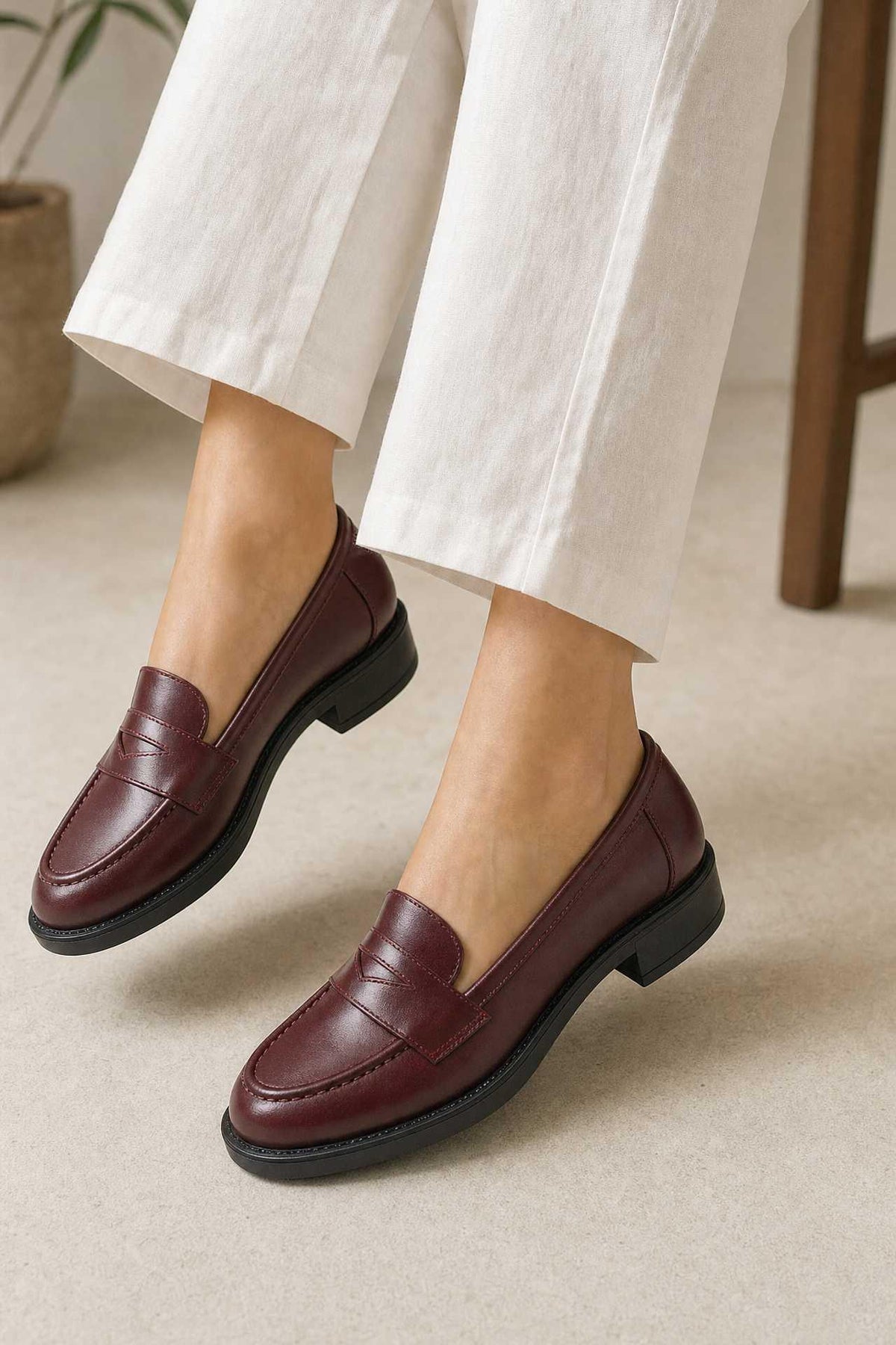 Greta  Bordo Cilt Hakiki Deri Kadın Loafer Ayakkabı