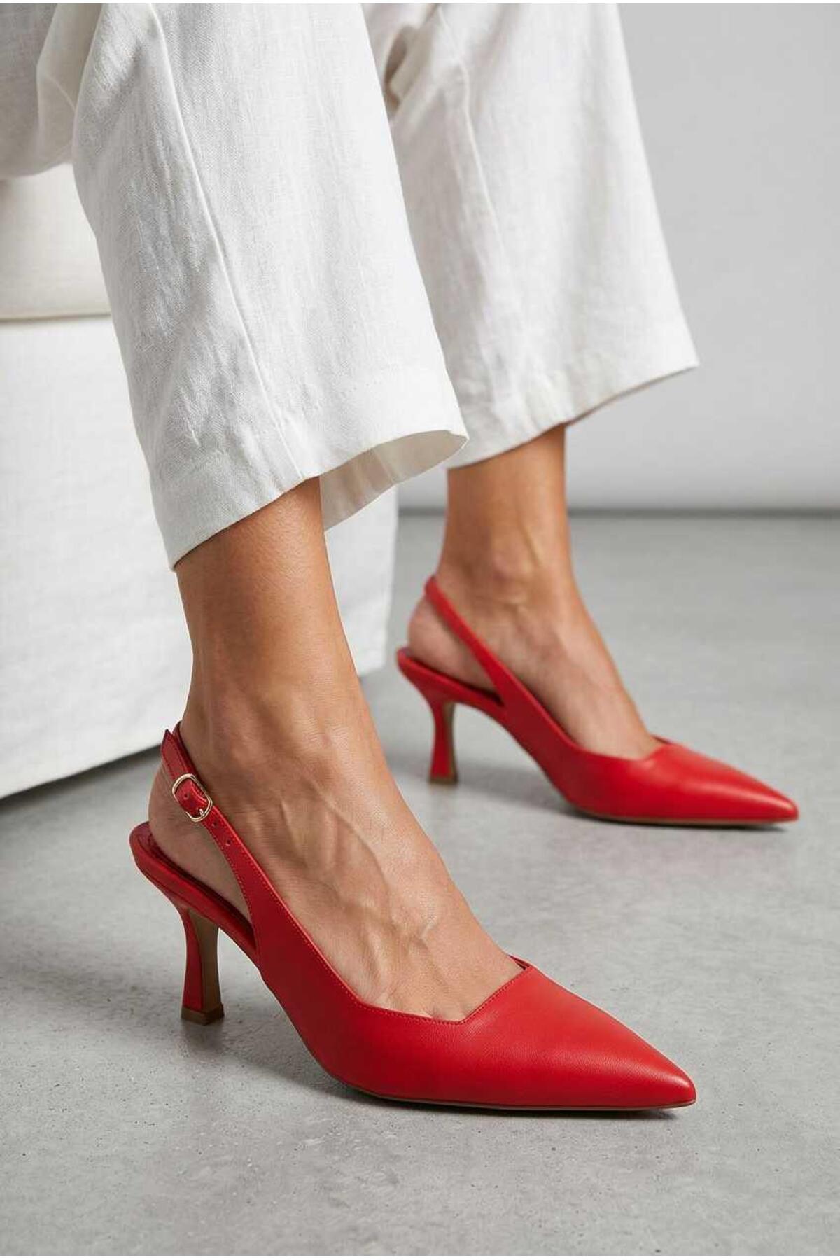 Natalia Kırmızı Cilt Sivri Burunlu Stiletto Kadın Topuklu Ayakkabı